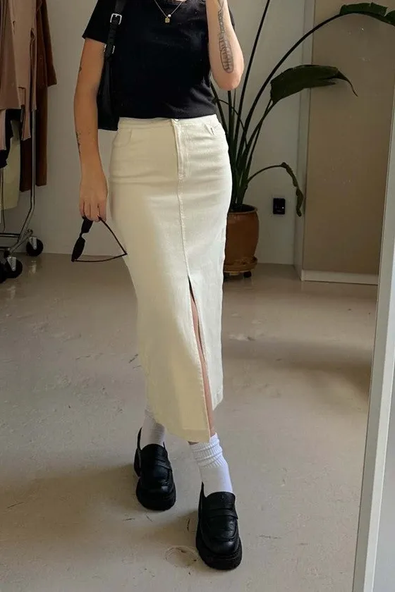White Denim Front Slit Midi Skirt