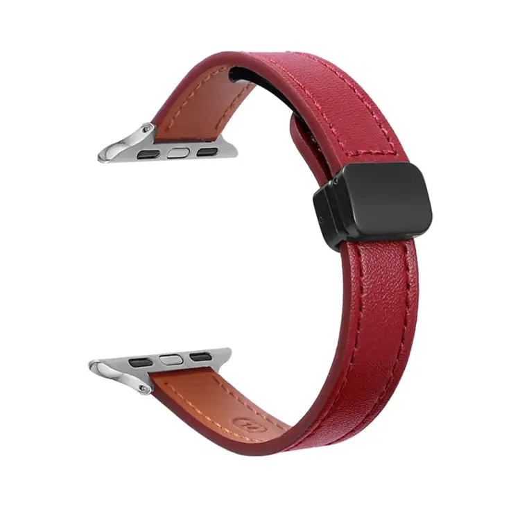 Slim Magnetic Buckle Genuine Leather Watch Band for Watch SE 2023 40 mm - Plain Wine Red