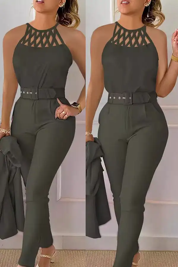Solid Color Belted Round Neck Sleeveless Pant Set