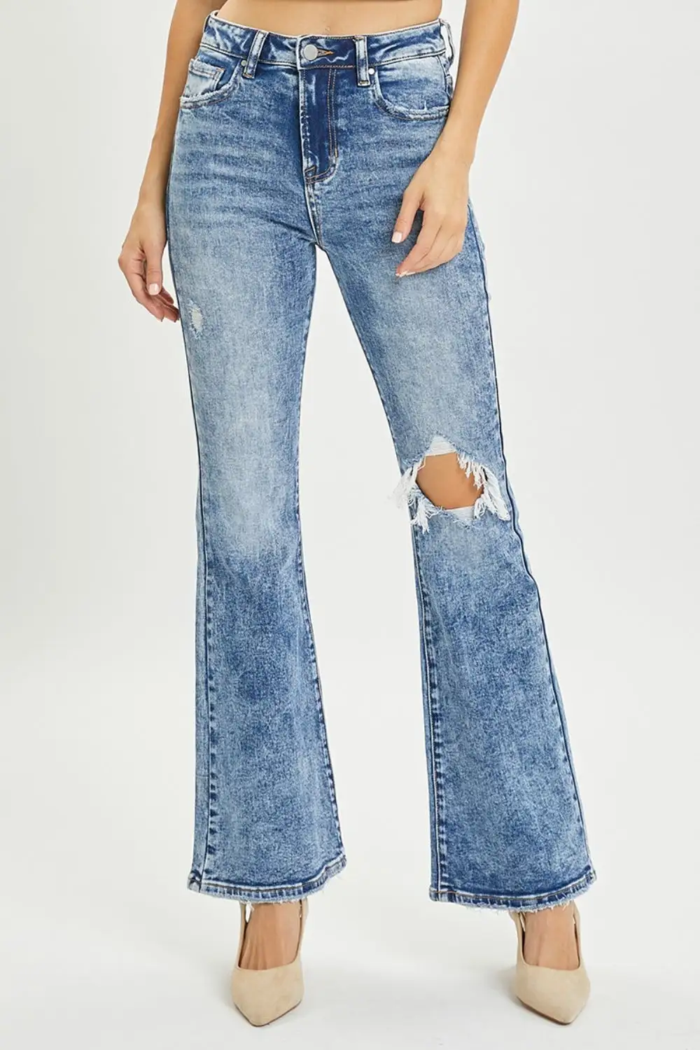 Everyday High Waist Flare Leg Distressed Denim Jeans