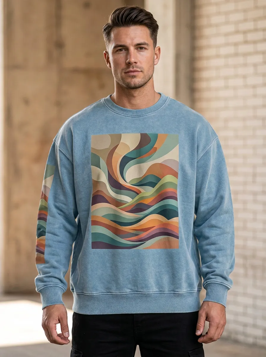 Men's Abstract Wave Art Printed Crewneck Sweatshirt
