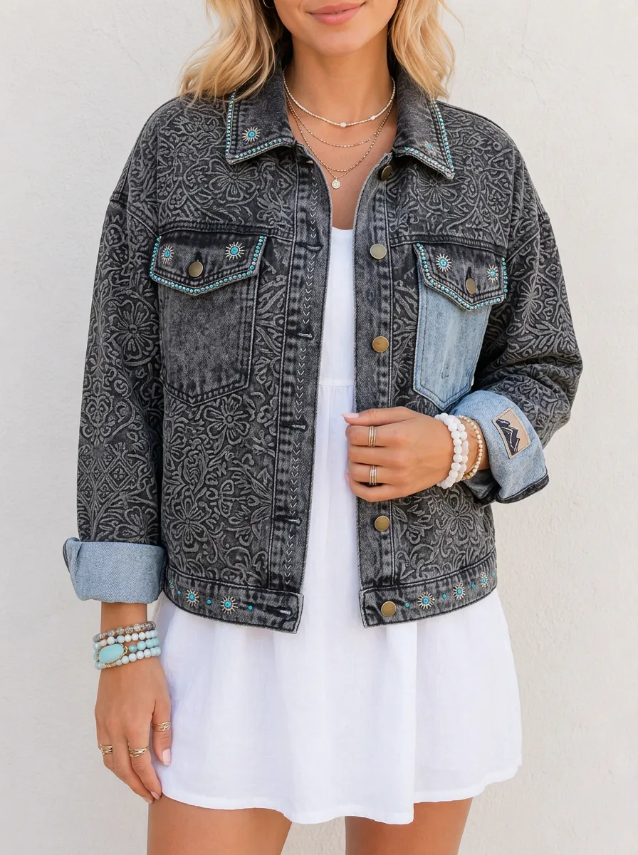 Women's Western Boho Floral Studded Printed Denim Jacket