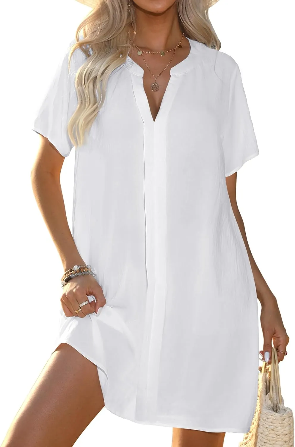 Women's Swimsuit Coverup V Neck Short Sleeve Beach Cover Ups
