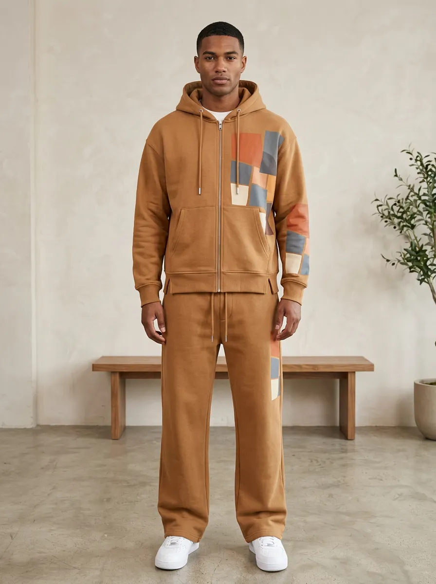 Men's Geometric Patchwork Printed Hooded Tracksuit