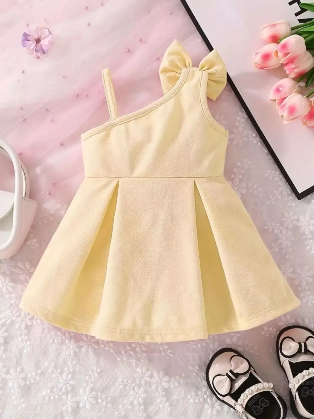 Girls Bow Asymmetrical Shoulder Dress