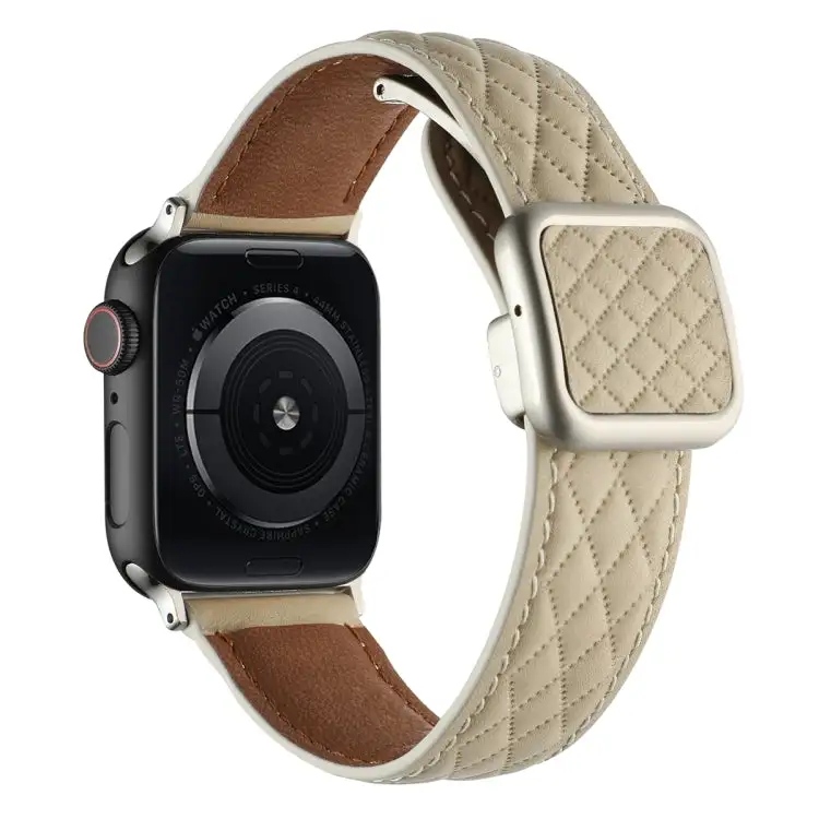 Rhombus Pattern Magnetic Square Buckle Leather Watch Band for Watch SE 2023 40 mm - Starlight