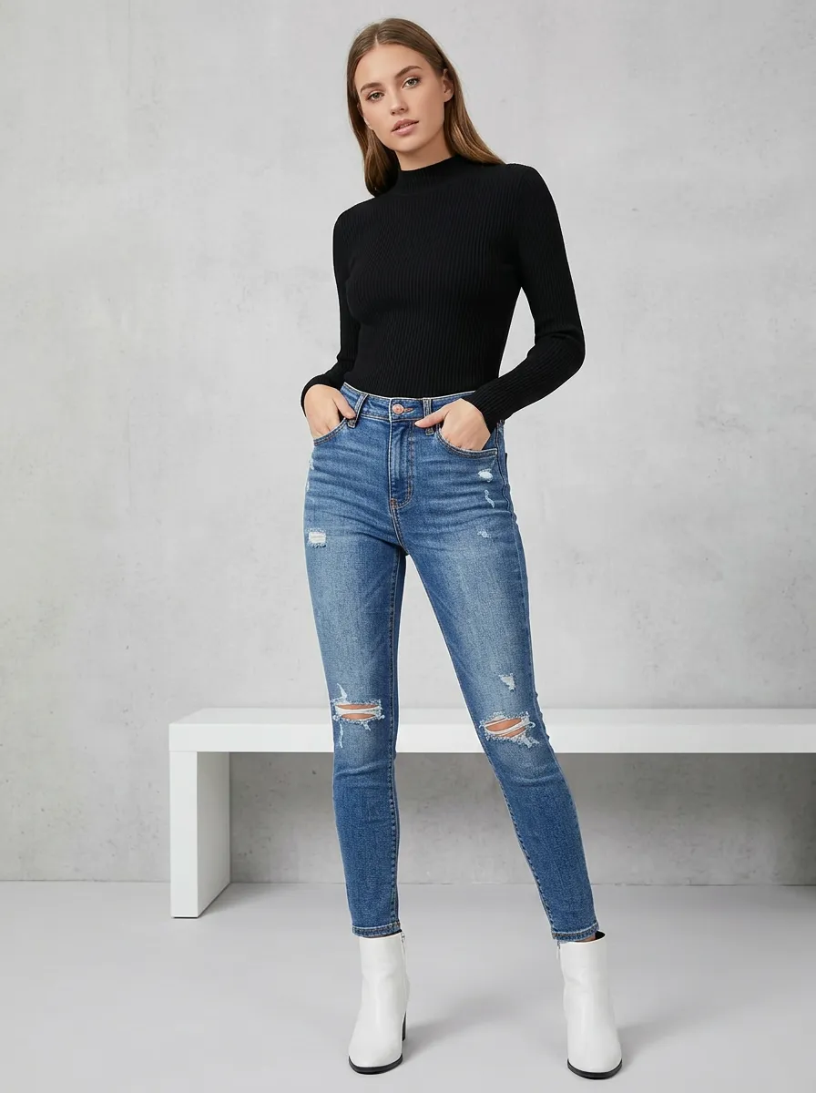 Women's Casual Fashion Distressed Ripped Slim Fit Denim Pants