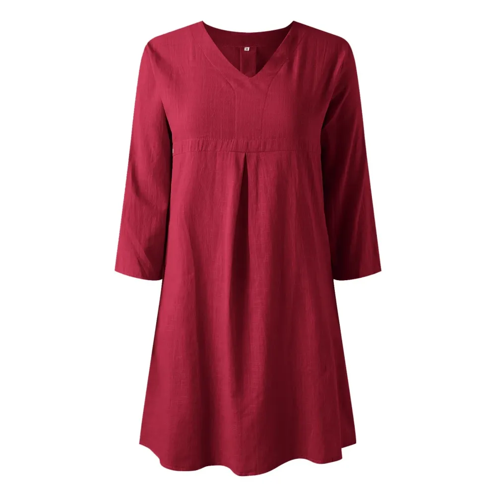 V-Neck Linen Blend Cotton Blend Midi Dress