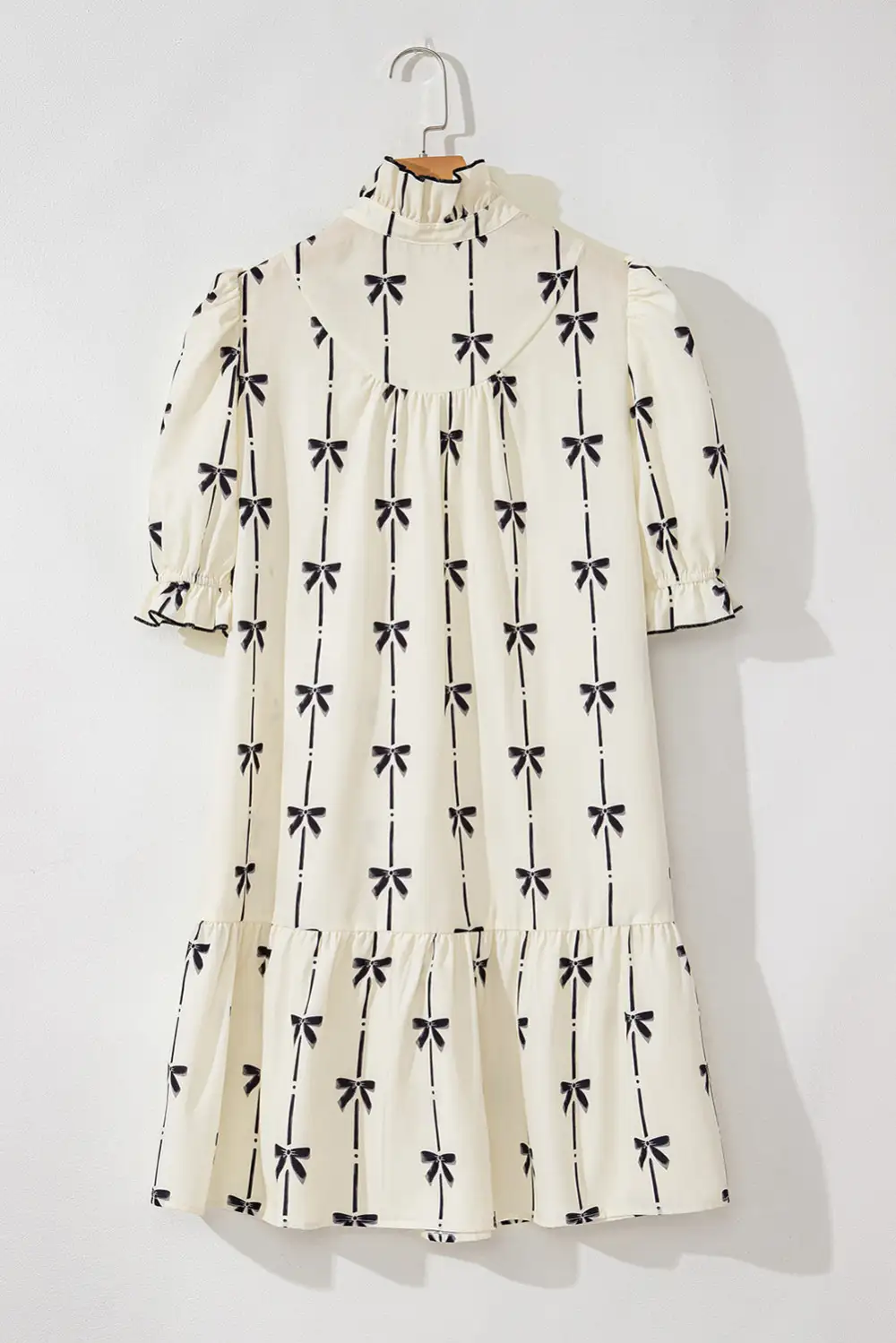 Cute Bowknot Printed Bubble Sleeve V Neck Mini Dress