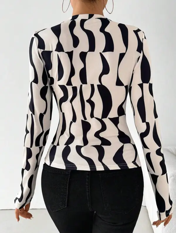 Ruffle Mock Neck Print Slim Top