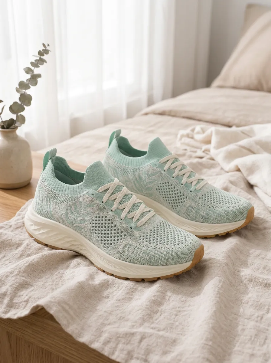 Women's Mint Green Botanical Leaf Printed Sneakers