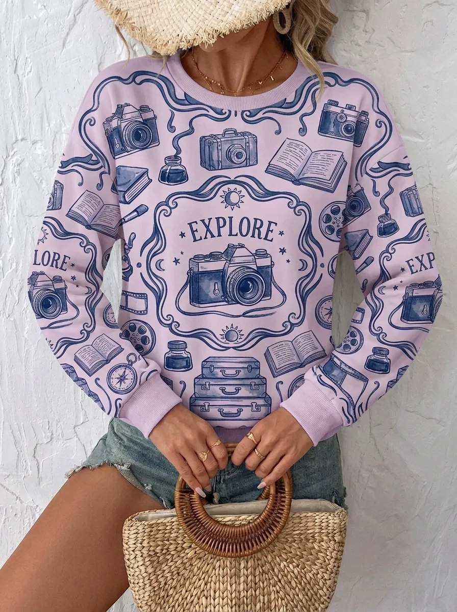 Women's Travel Explorer Camera Book Pattern Graphic Sweatshirt
