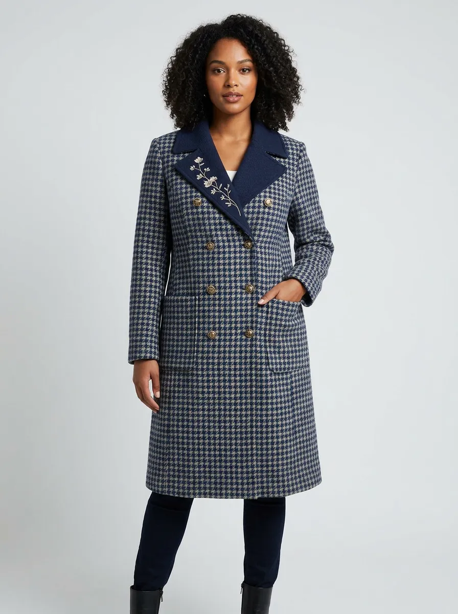 Women's Floral Embroidered Houndstooth Pattern Coat