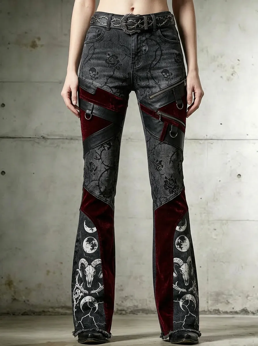 Dark Skull Rose Moon Detail Women's Gothic Flare Pants