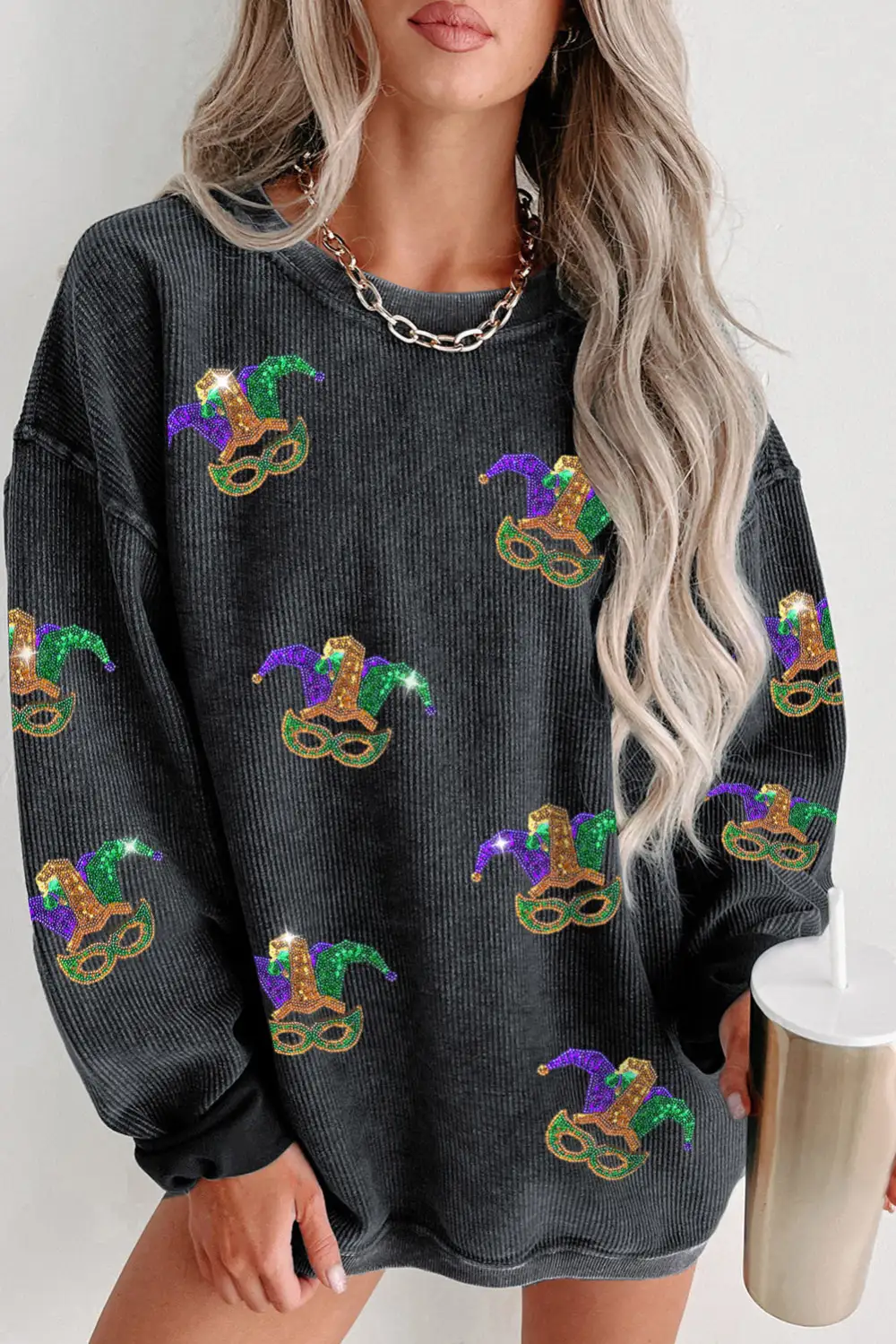 Carnival Sequined Fleur De Lis Pattern Corded Sweatshirt