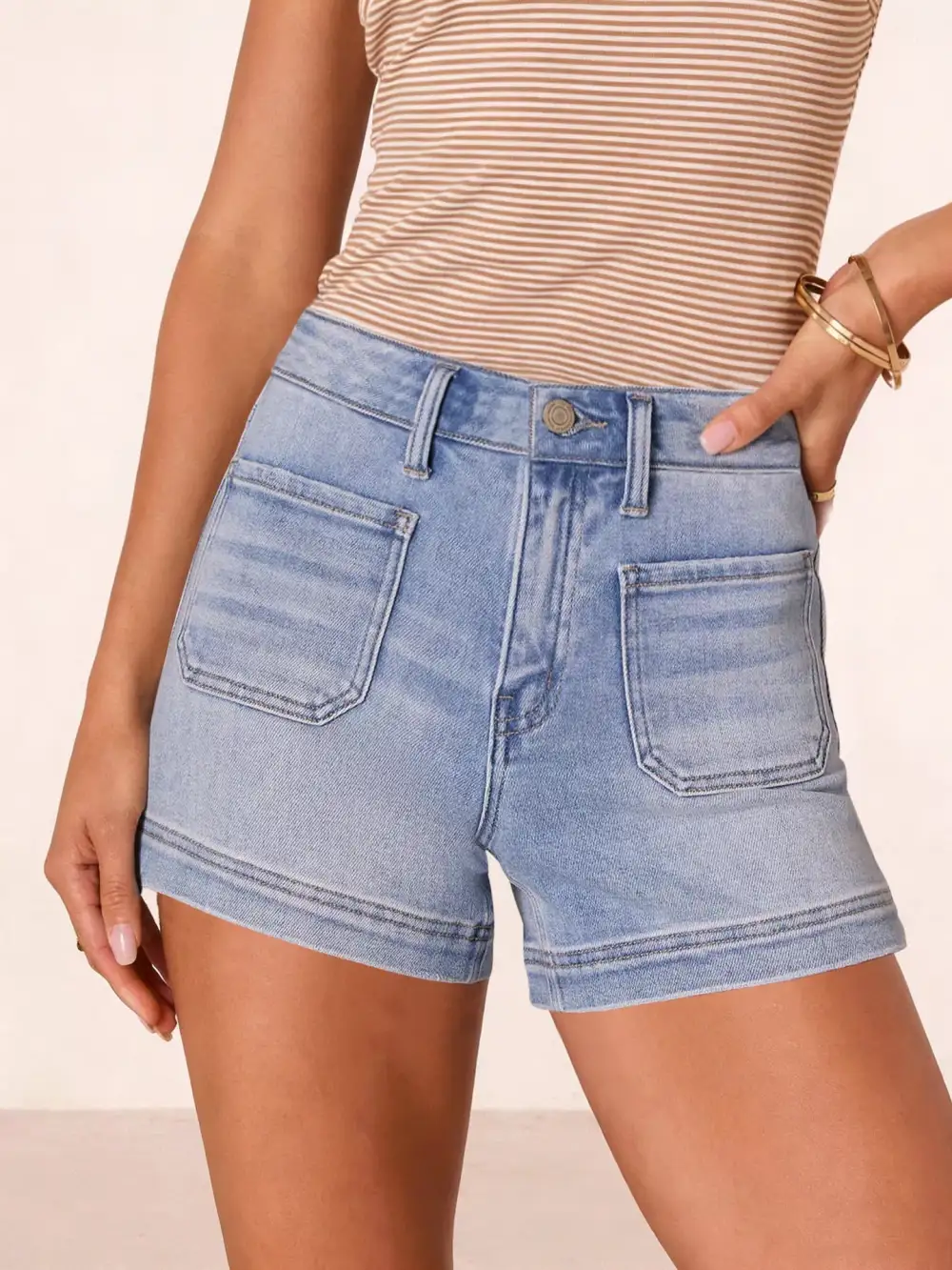 High-Waist Pocketed Cotton Denim Shorts