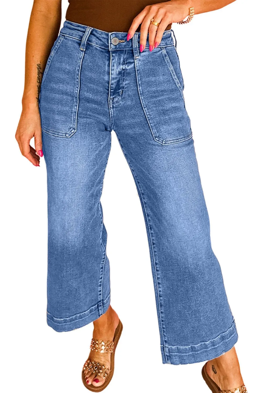 High Waist Wide Leg Cropped Pocketed Casual Jeans