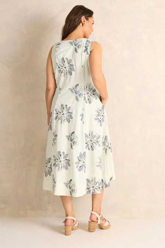 Cream Embroidered Floral Linen Midi Dress detail 3