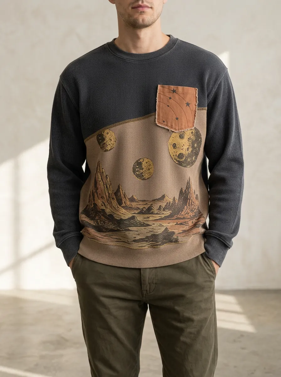 Men's Space Landscape Moon Printed Waffle Knit Sweatshirt