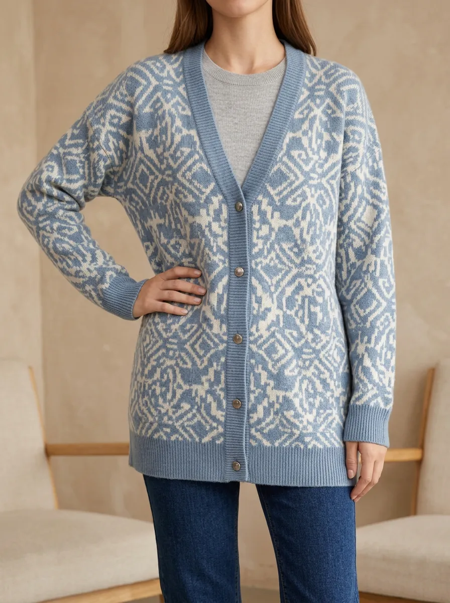 Casual Style V Neck Button Front Women's Relaxed Knit Cardigan