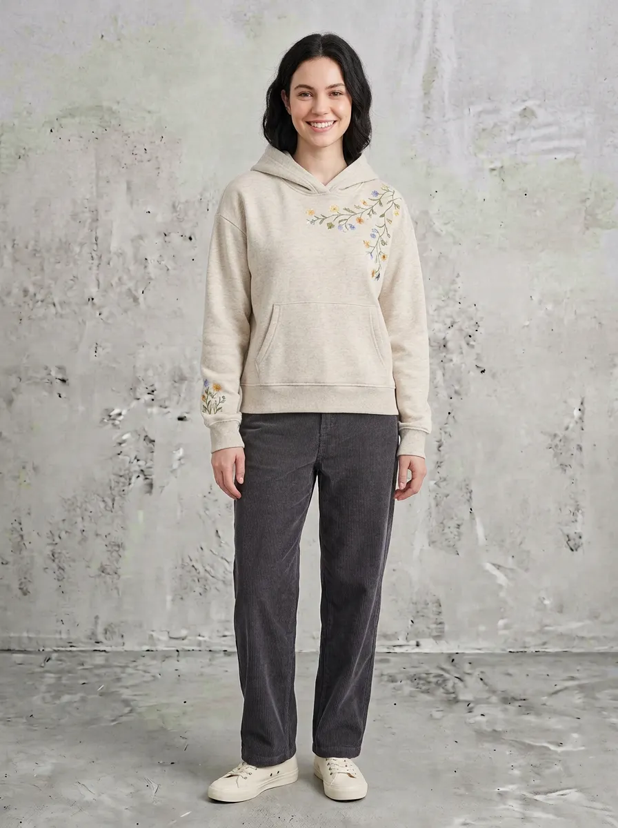 Daily Wear Women's Botanical Floral Embroidered Graphic Nature Inspired Hoodie