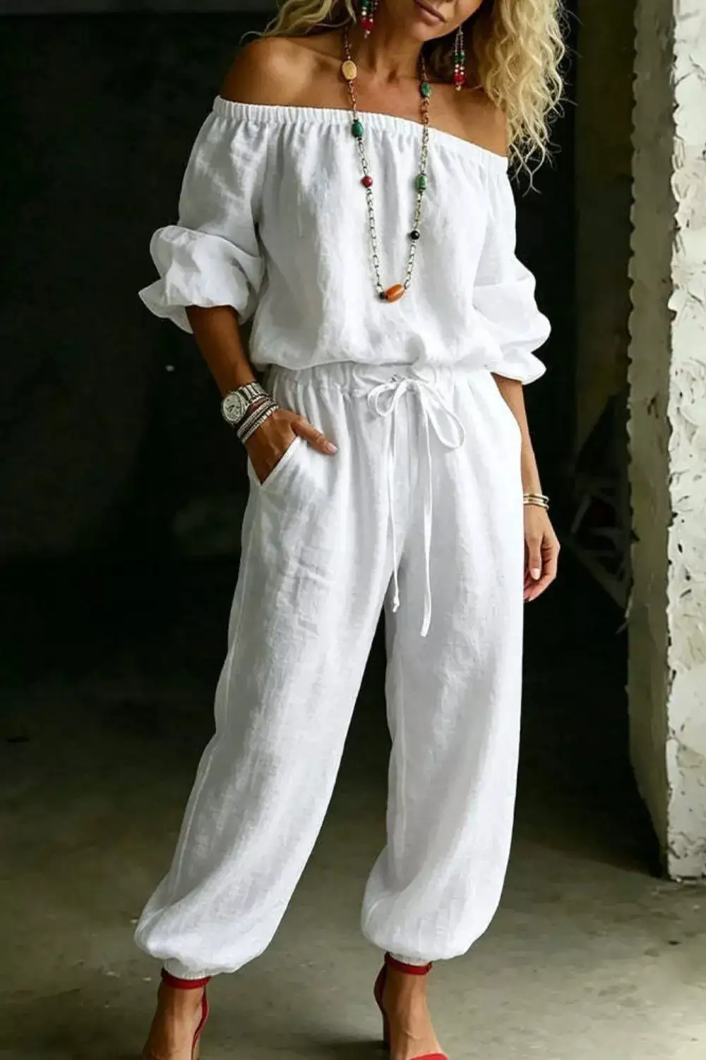 Full Size Off Shoulder Top and Pants Set Plus