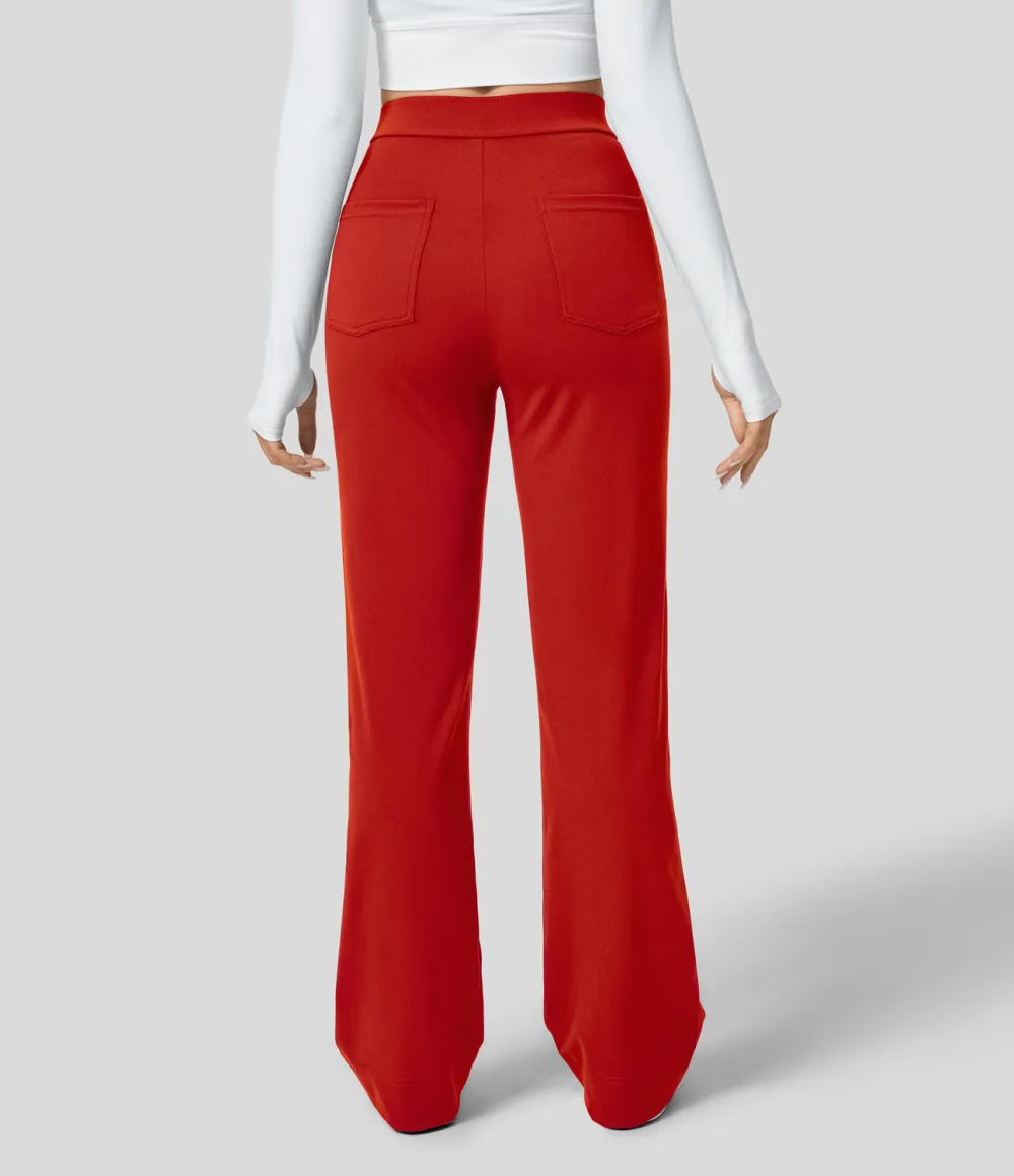 High Waisted Button Multiple Pockets Straight Leg Casual Pants