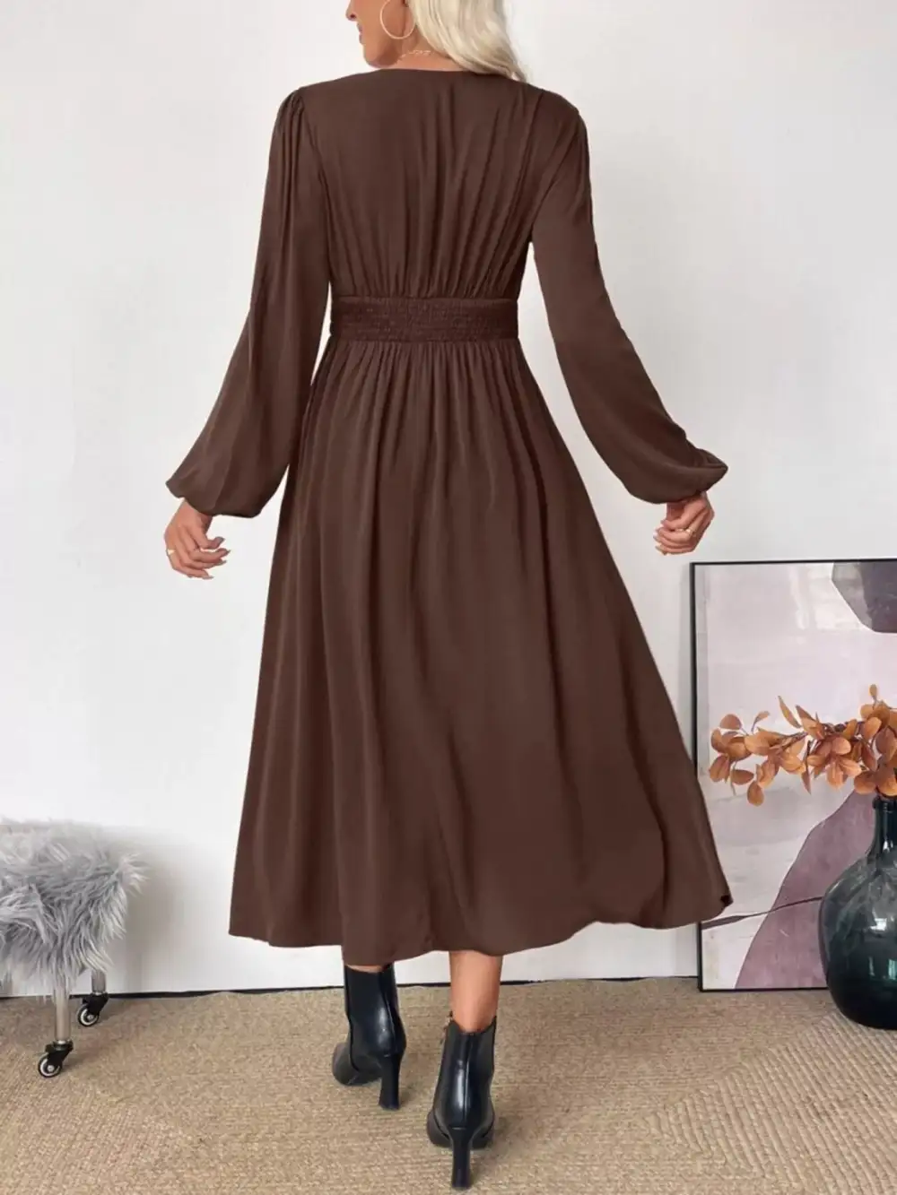 V-Neck Long Sleeve A-Line Midi Dress