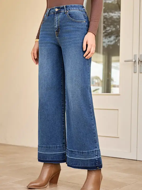 Versatile High Waist Wide Leg Washed Denim Jeans