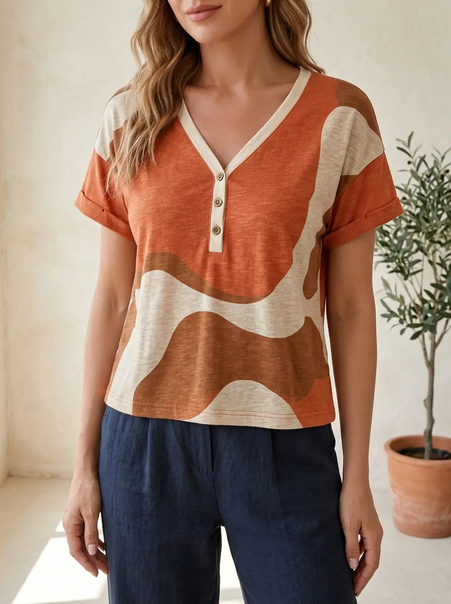Women's Boho Abstract Wave Pattern Printed Henley Shirt