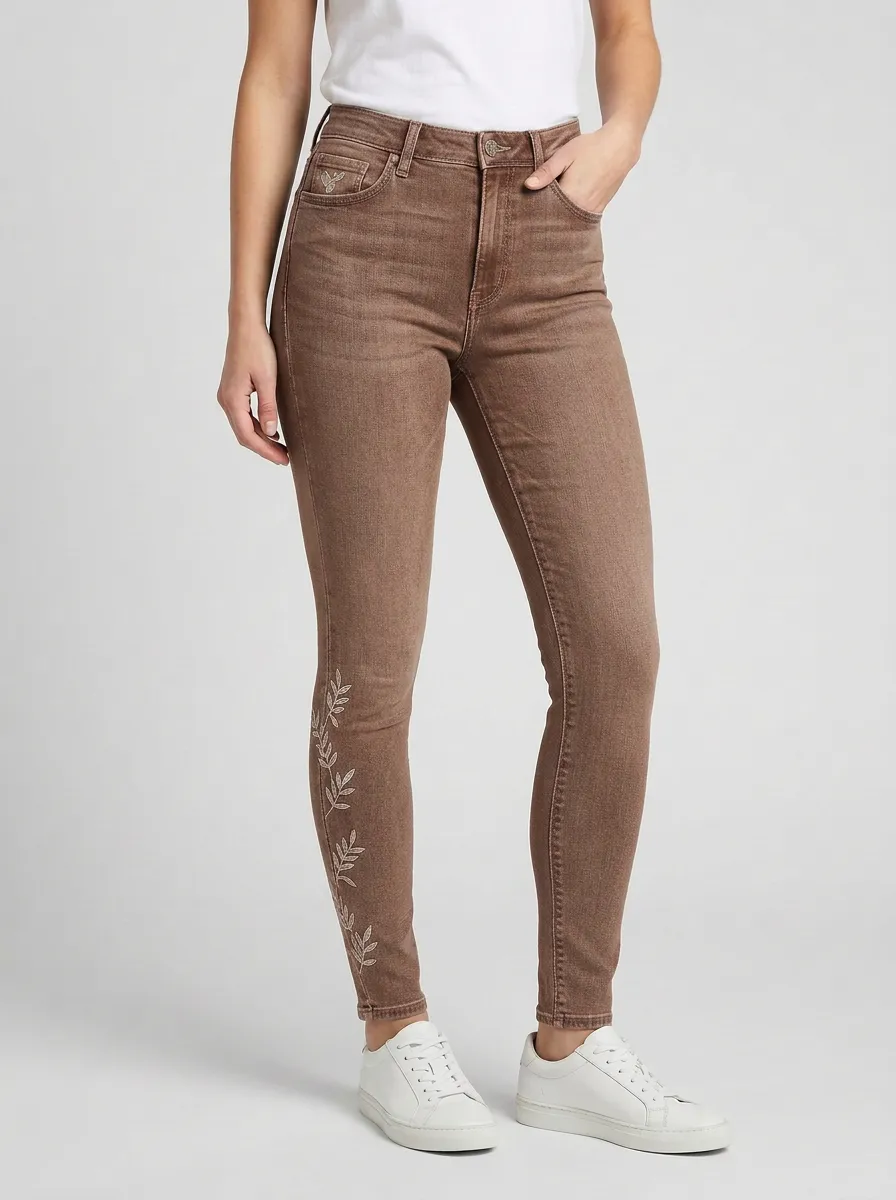 Women's Nature Botanical Leaf Embroidered Graphic Slim Jeans
