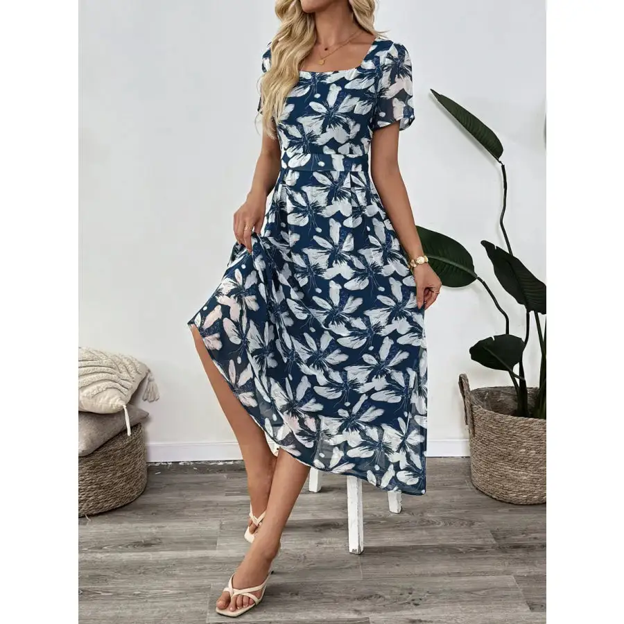 Printed Square Neck Midi Dress