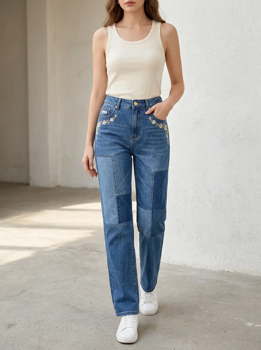 Women's Floral Embroidery Patchwork Printed Jeans