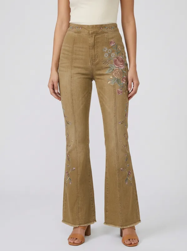 Women's Medium Wash Floral Embroidery Front Embroidery Flare Jeans