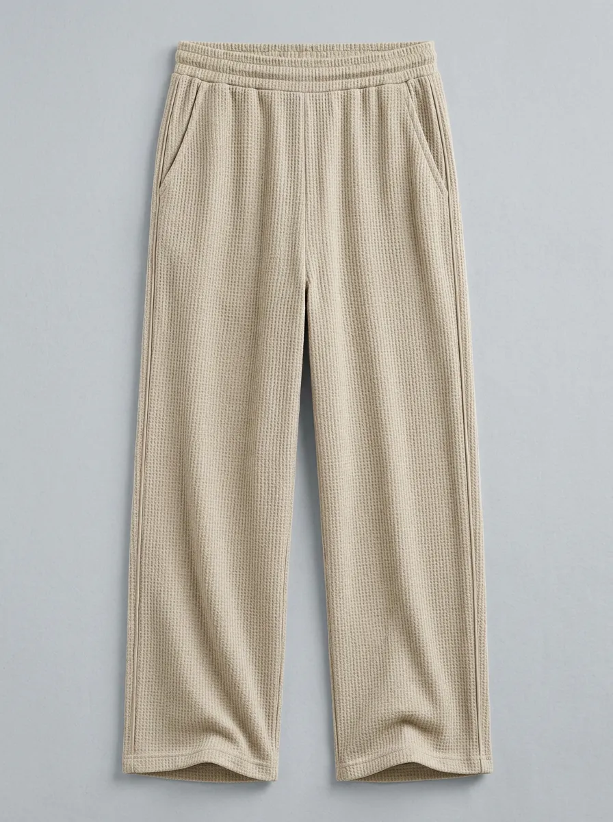 Casual Minimalist Beige Waffle Knit Elastic Waist Pants for Unisex Wear