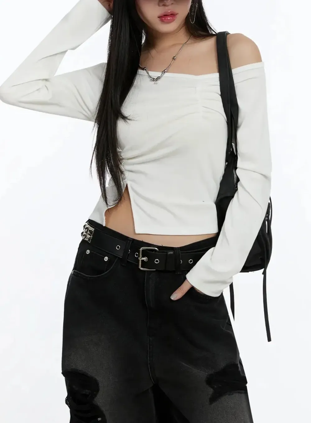 Off-Shoulder Ruched Long Sleeve Top