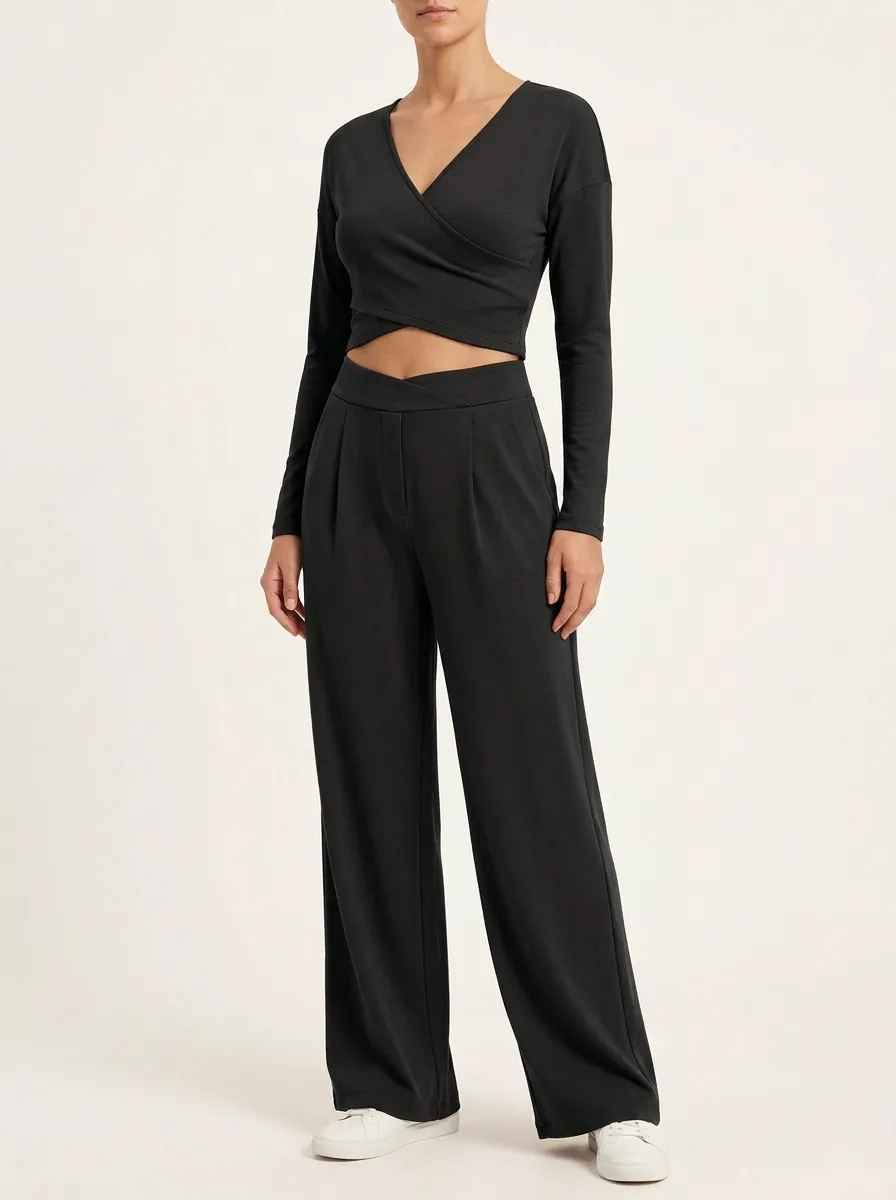 Women's Wrap-Front Crop Top and Crossover-Waist Wide-Leg Trouser Set