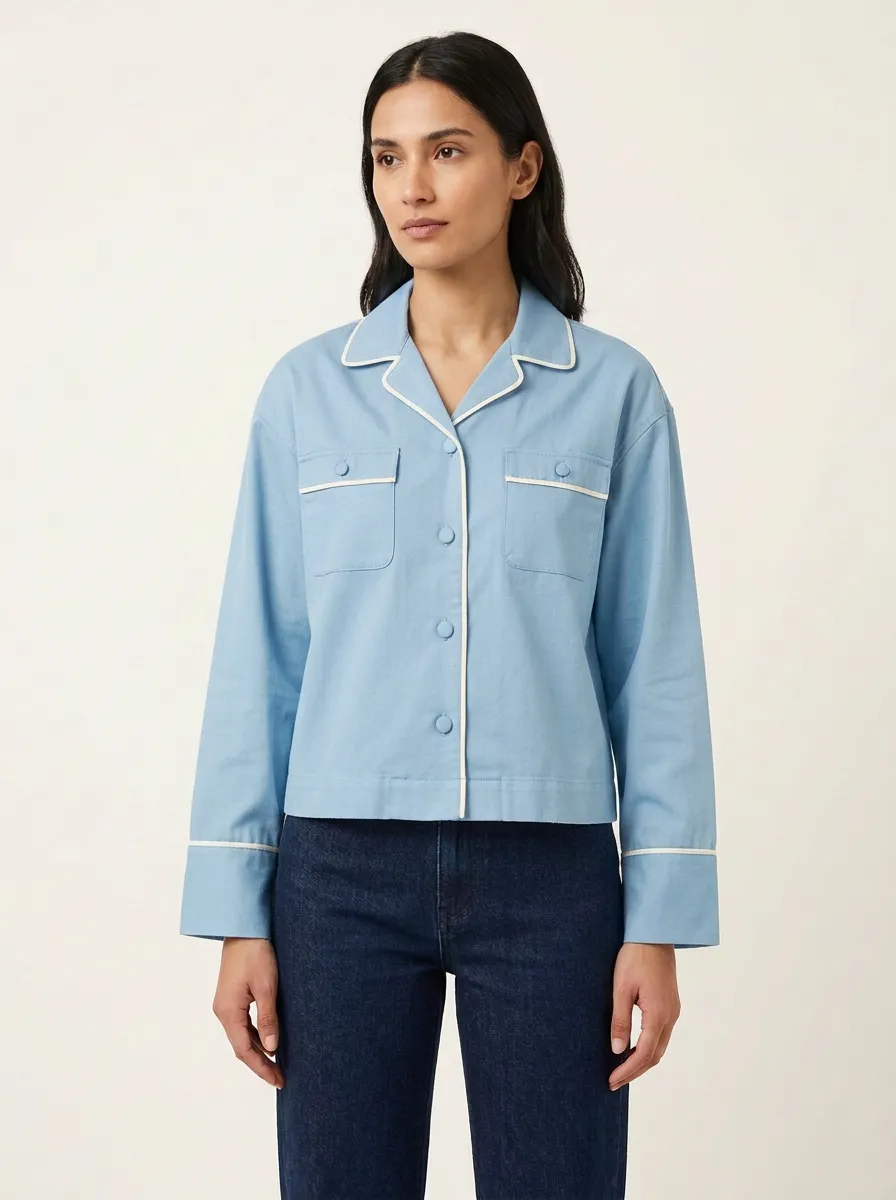Women's Notched-Lapel Contrast-Piped Flap-Pocket Shirt