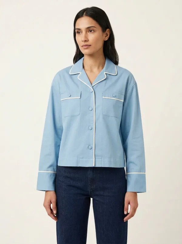 Women's Notched-Lapel Contrast-Piped Flap-Pocket Shirt
