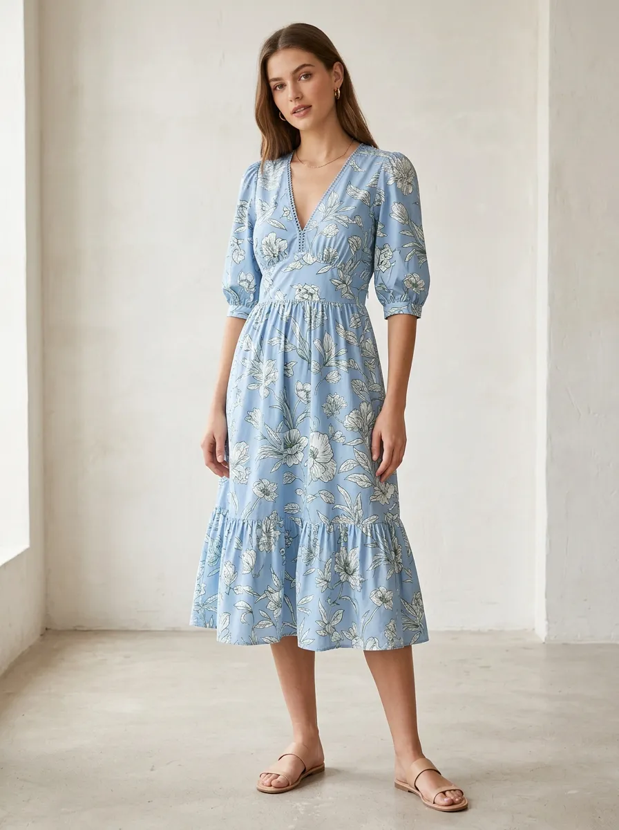 Women's Lighthearted Botanical Floral Print Midi Dress