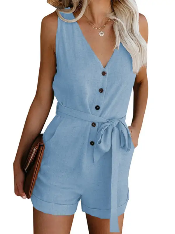 Woven V Neck Button Up Sleeveless Jumpsuit