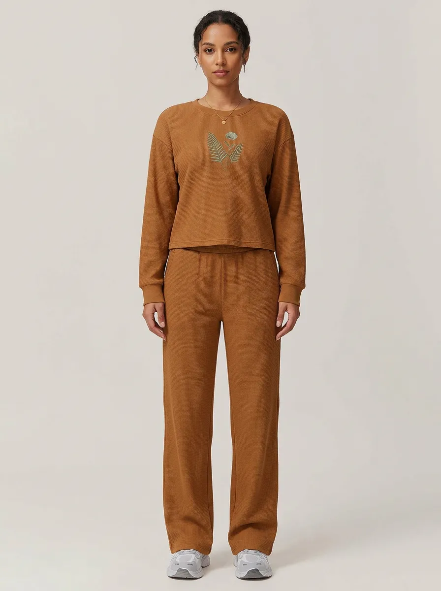 Women's Botanical Nature Lover Fern Waffle Knit Lounge Embroidered Set