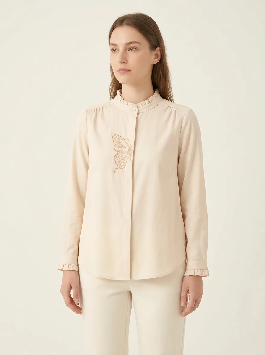 Women's Butterfly-Embroidered Ruffle-Trim Mandarin Shirt