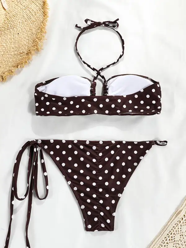 Polka Dot Print Split Bandeau Bikini Swim Set