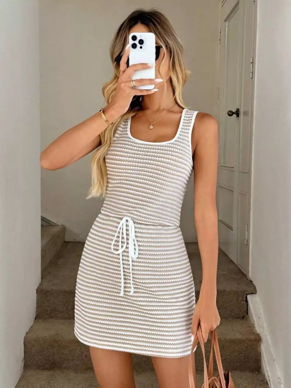 Striped Knit Drawstring Mini Dress