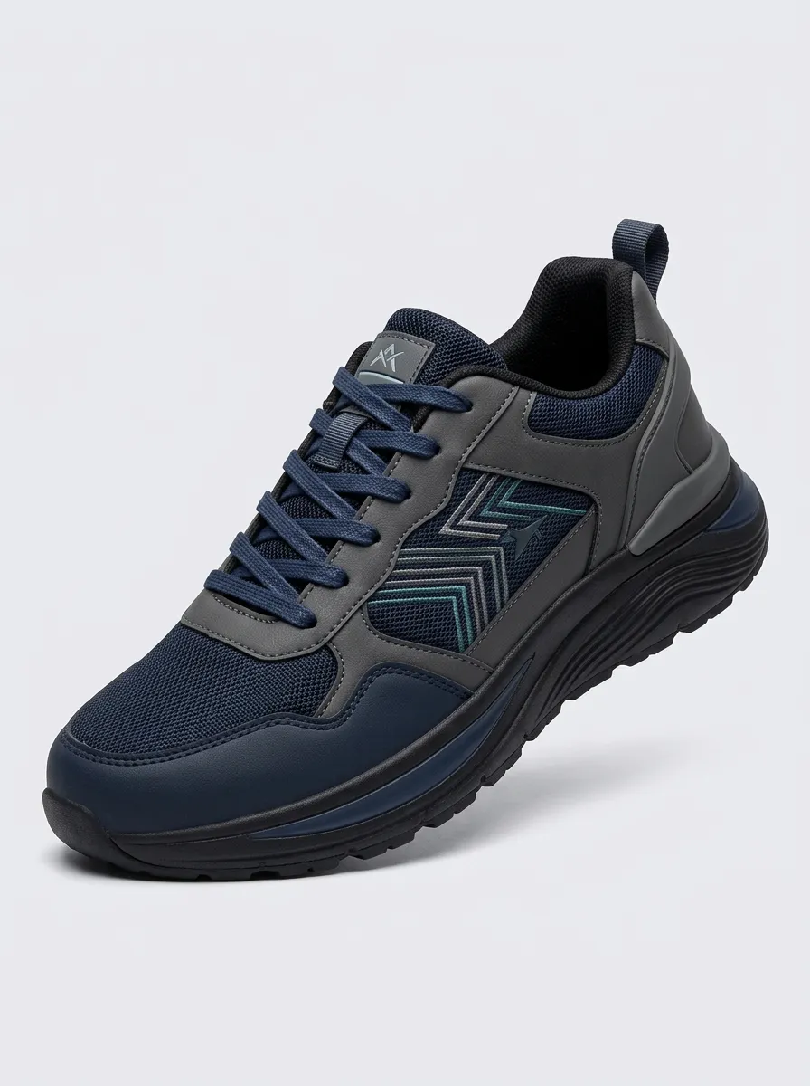 Men's Navy and Grey Paneled Lace-Up Sneakers