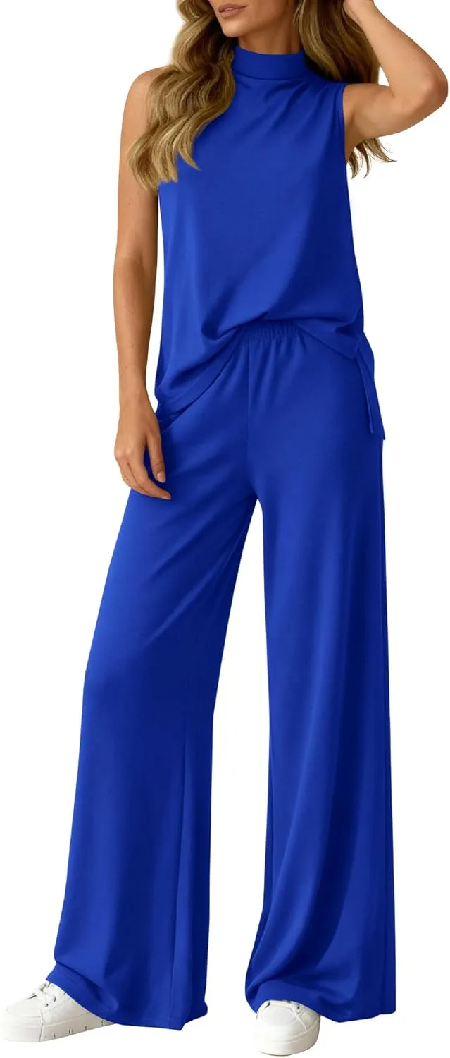 Summer 2 Piece Lounge Sets For Women Sleeveless Mock Neck Wide Leg Loose Spring Vacation Airport Travel Outfits