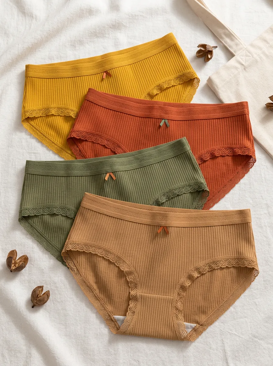 Women's Earth Tone Ribbed Lace Trim Bowknot Panties Set