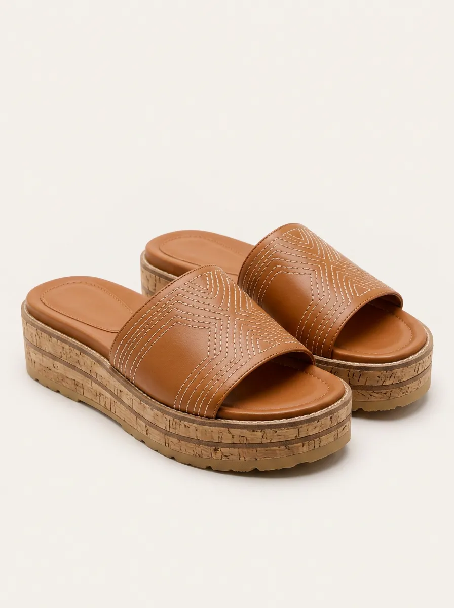 Women's Bohemian Geometric Stitched Cork Platform Slides