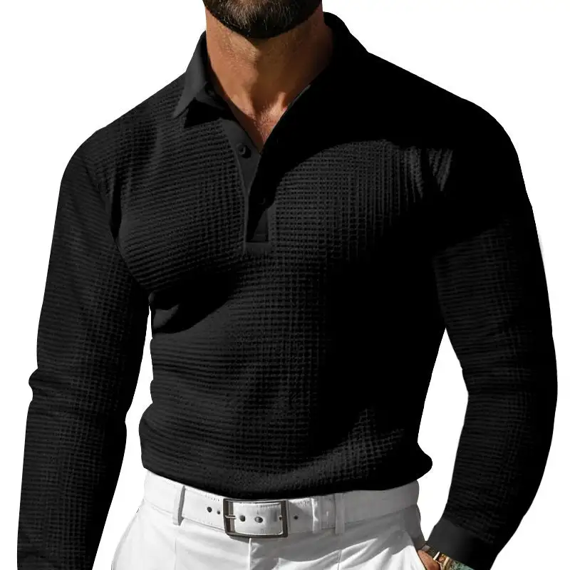 Waffle Texture Elastic Hem Long Sleeve Polo Shirt